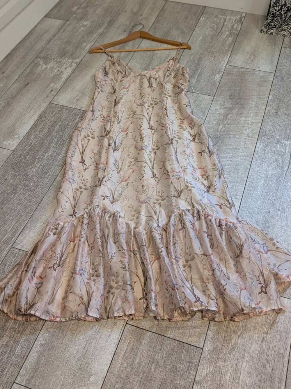 Storia Floral Slip Maxi Dress L Ruffled Fishtail Hem Romantic Fairycore NWOT - Picture 7 of 14